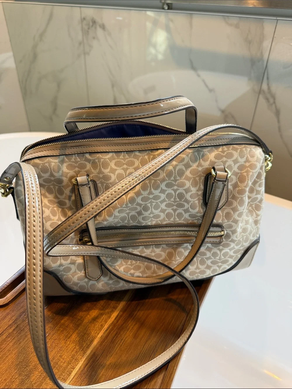 Coach Khaki and Chalk Signature Canvas Satchel
